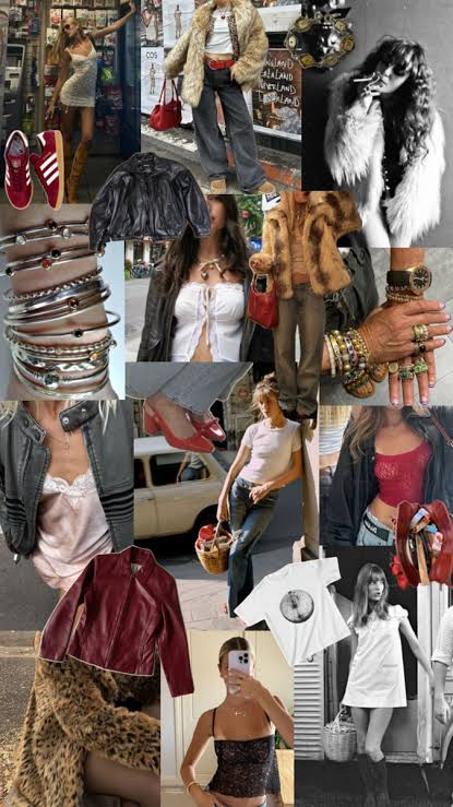 Fur coat, red bag and baggy jeans street style
