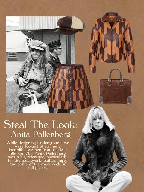 Anita Pallenberg in a newsboy cap and patchwork coat
