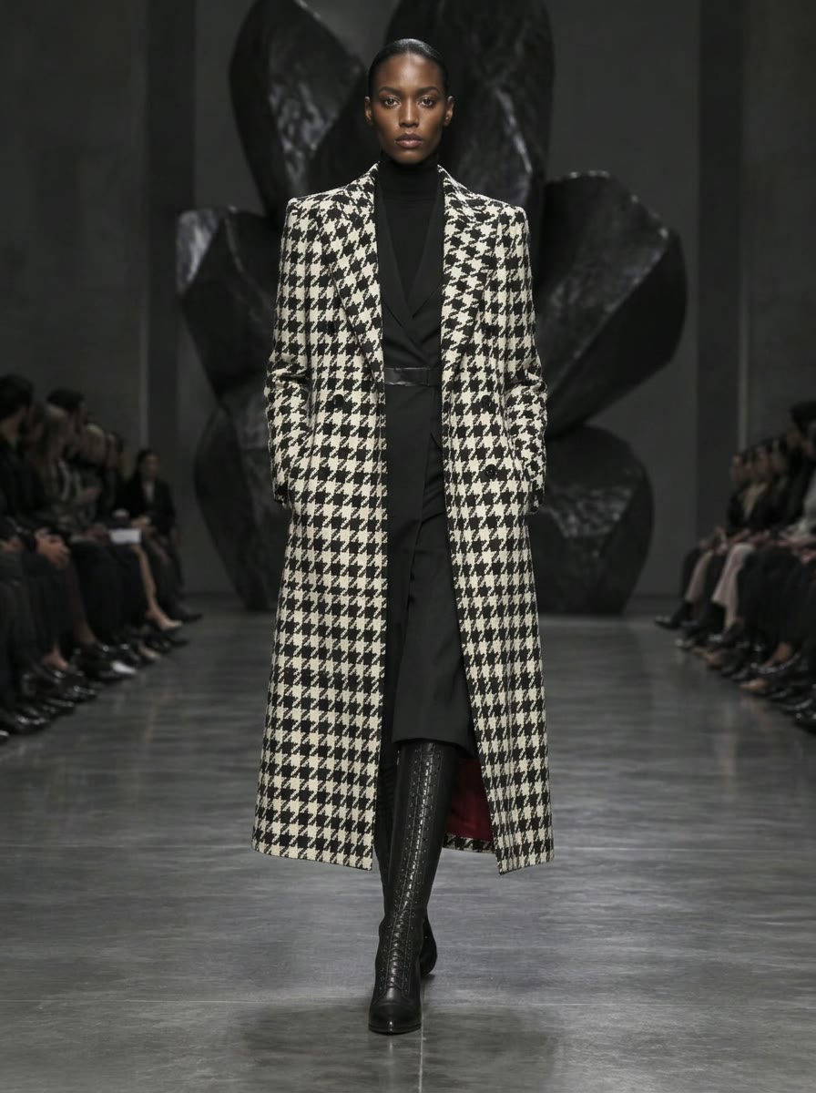 Model walking a dark runway in a black-and-white houndstooth tailored overcoat
