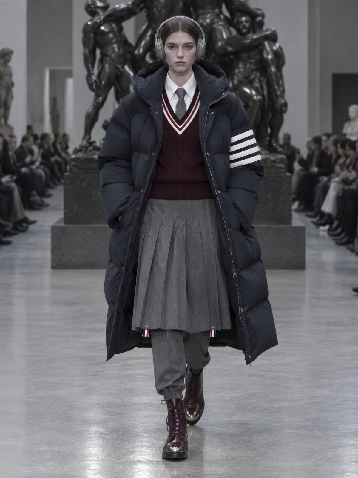 Model walking a dim museum runway in a navy hooded coat with white sleeve stripes over a burgundy sweater vest and a grey pleated skirt